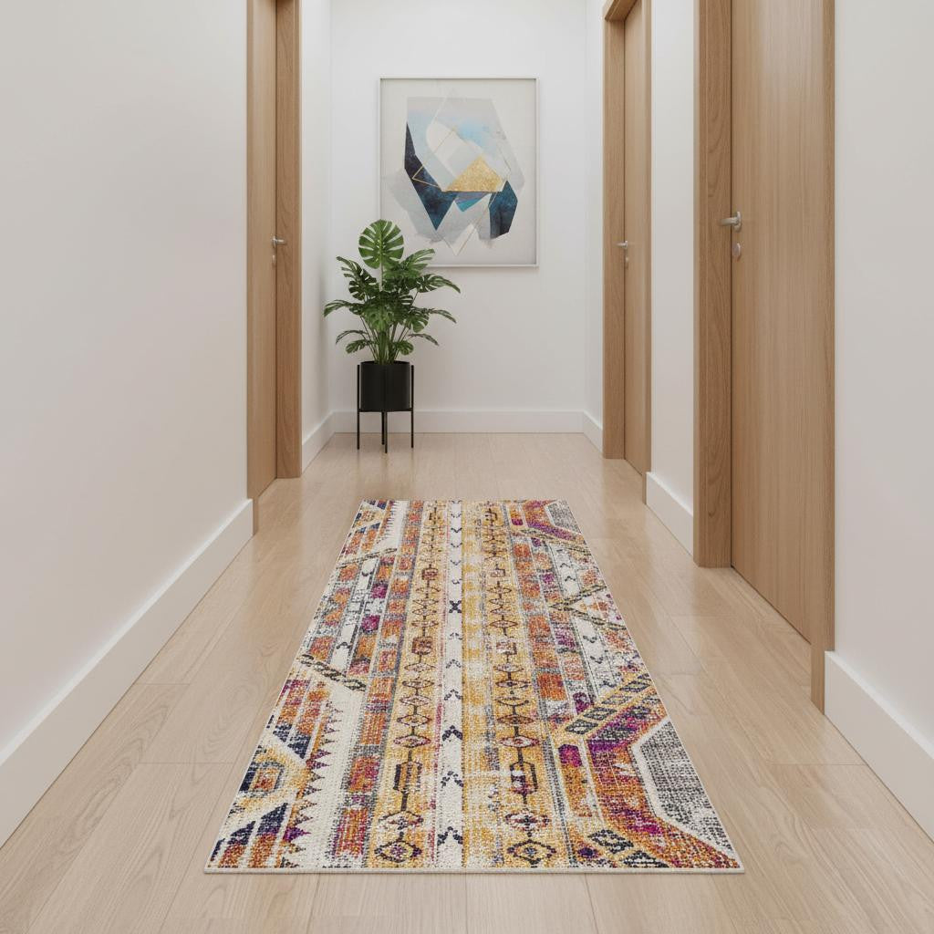 14 Yellow And Beige Abstract Runner Rug