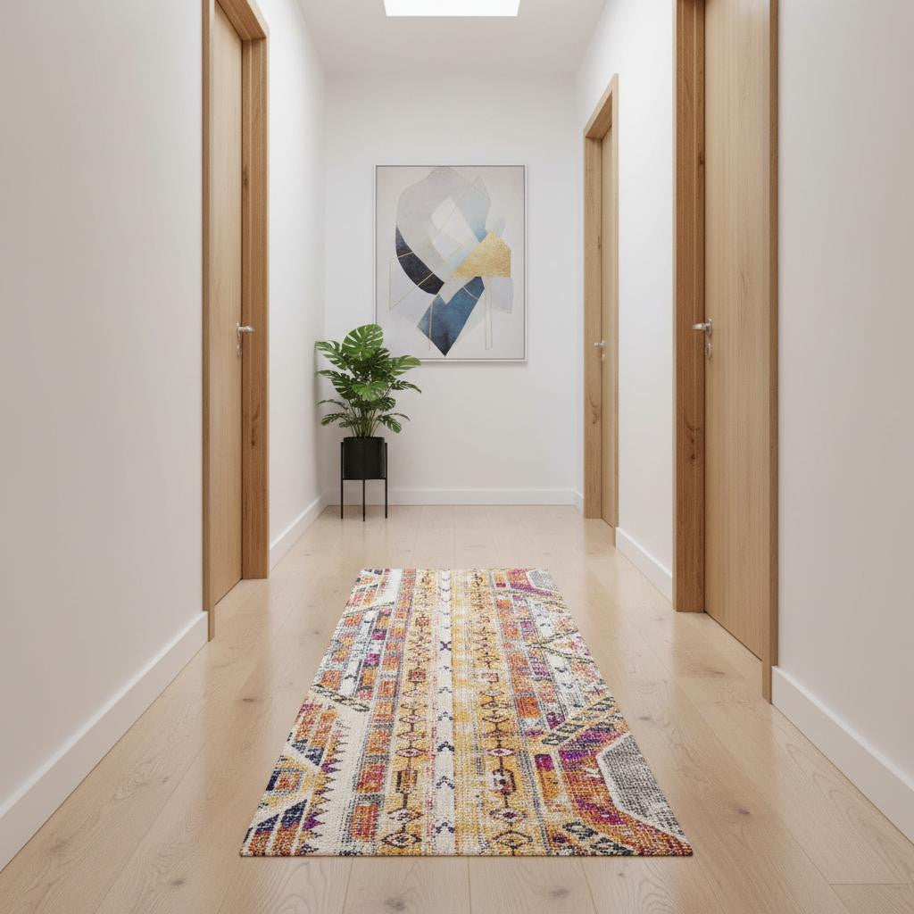 11 Yellow And Beige Abstract Runner Rug