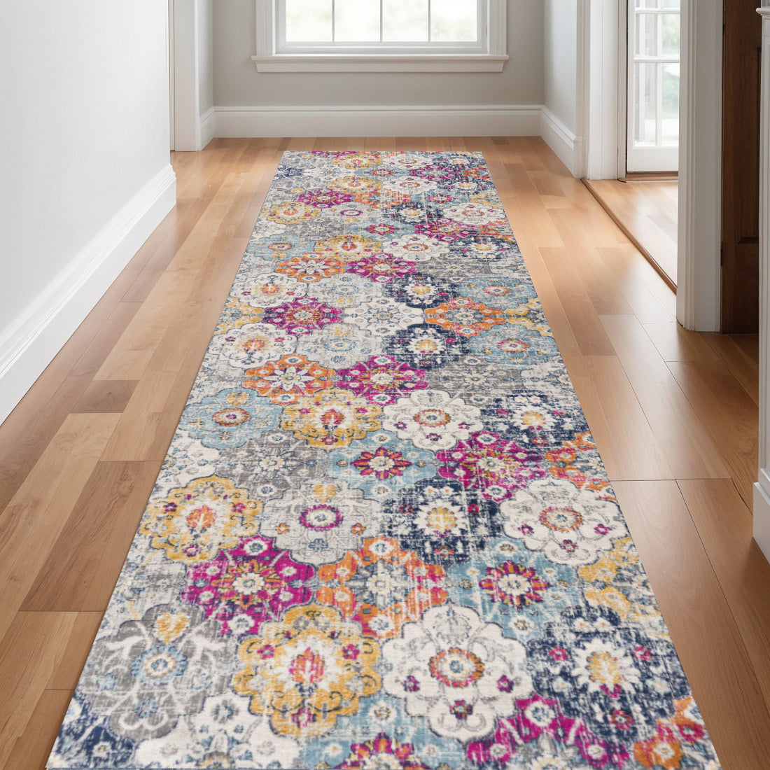 11 Gray Gold And Pink Floral Medallion Runner Rug