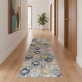 16 Blue Gray And Gold Floral Medallion Runner Rug