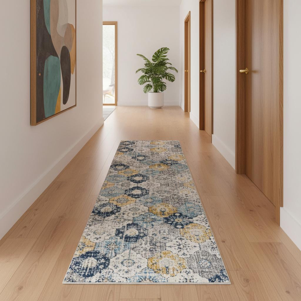 16 Blue Gray And Gold Floral Medallion Runner Rug