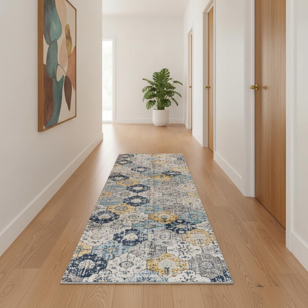 11 Blue Gray And Gold Floral Medallion Runner Rug