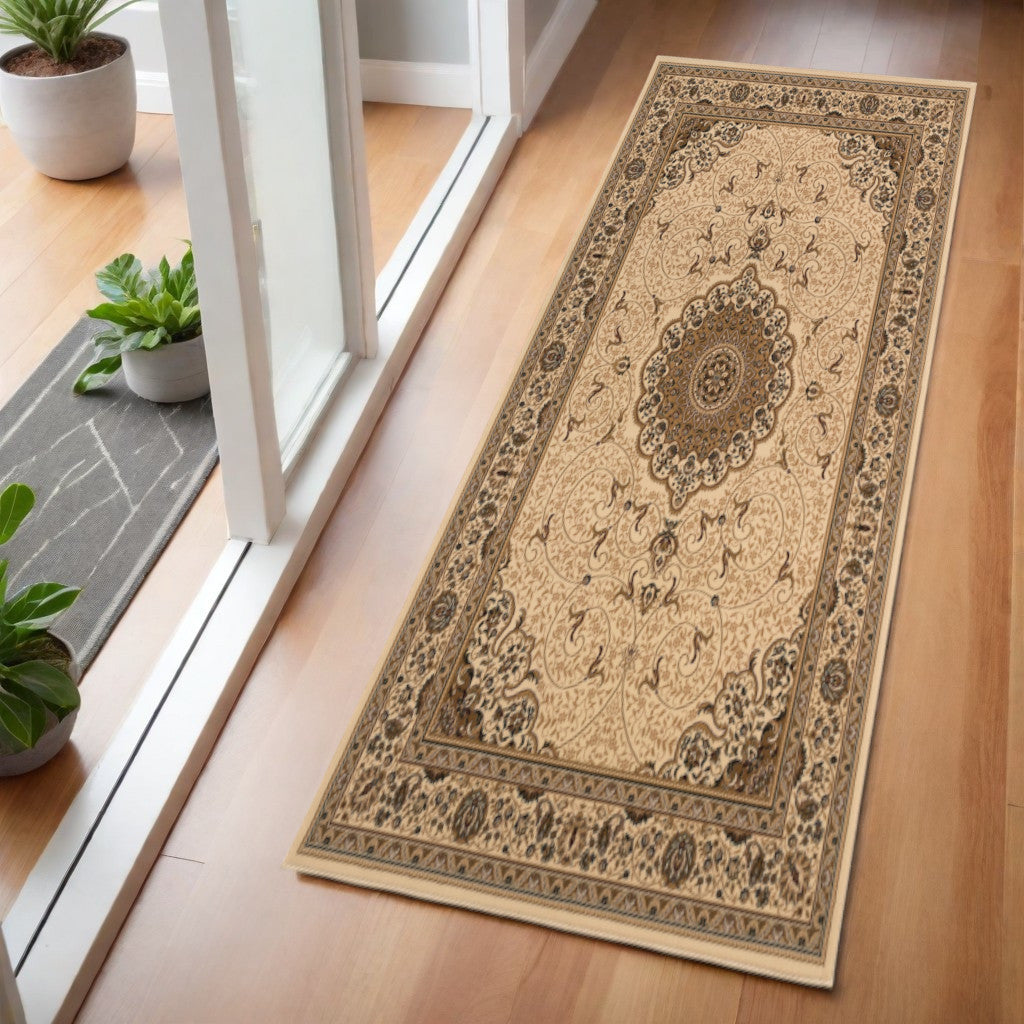 7 Beige And Cream Oriental Runner Rug