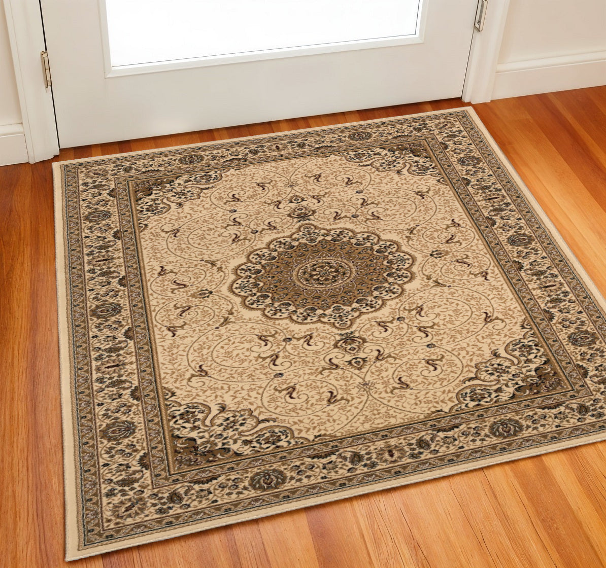 3 Beige And Brown Oriental Square Rug