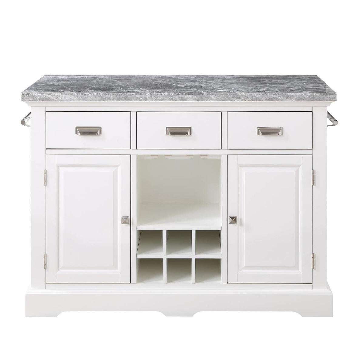 Steve Silver Furniture Zermatt Marble Kitchen Island Counter, 48&quot; Grey Marble Top w/ Dual Storage Doors, 3 Drawers, Wine Rack, Dual Towel-Rack, Seats 2, (Island Only), 48&quot;L x 28&quot;W x 36&quot;H, Grey, White