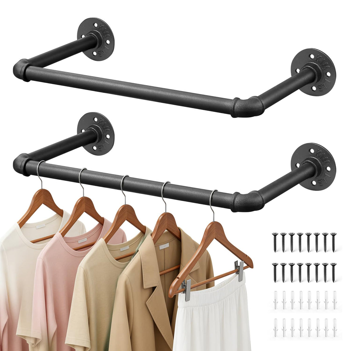 LuxDuo 21 Industrial Pipe Clothing Rack,2pcs Black Heavy Duty Wall Mounted Clothe Racks,Multi Functional Clothes Hanger, Laundr