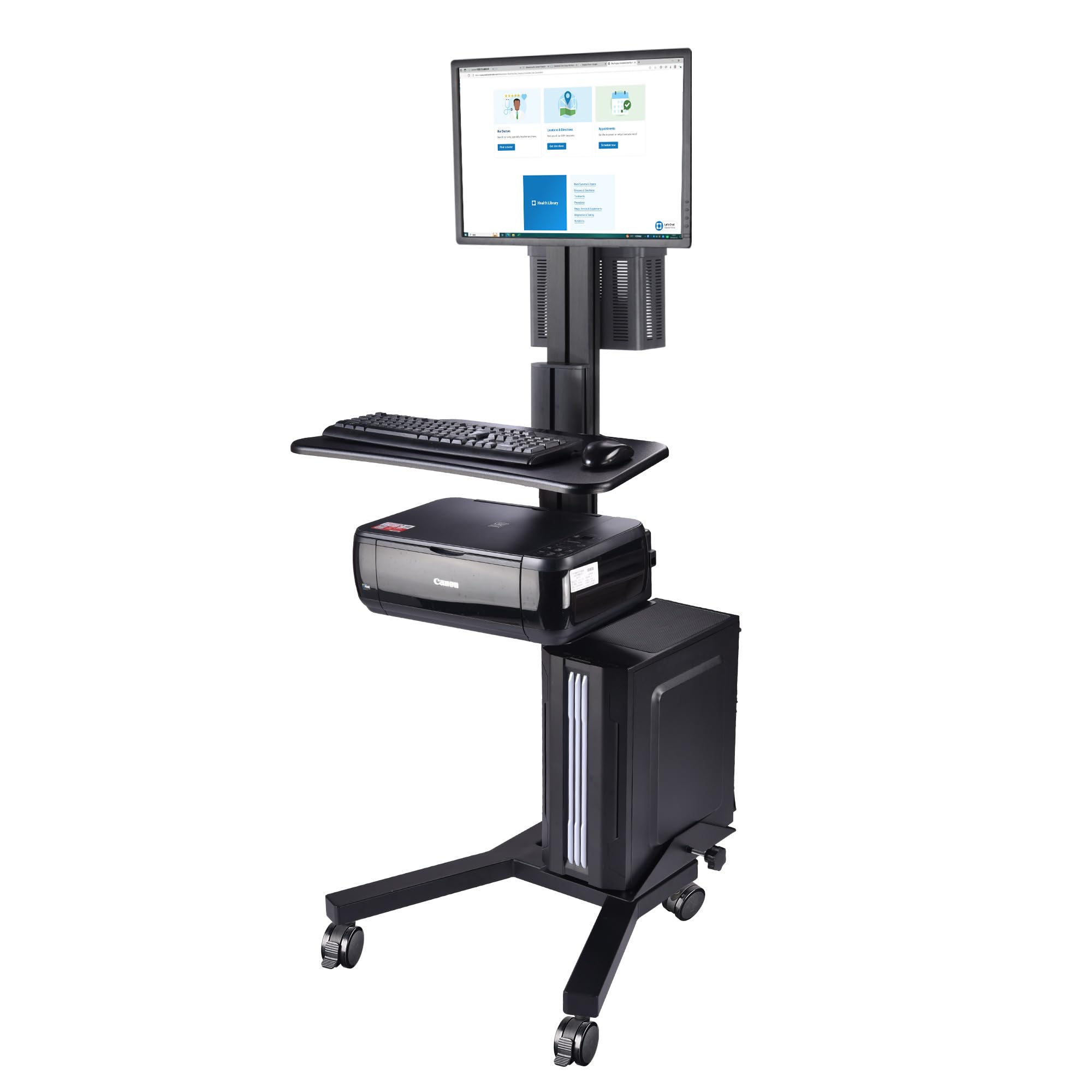 AW Rolling Computer Cart Adjustable Mobile PC Standing Workstation with Monitor Mount Keyboard Tray Printer CPU Holder Wheels fo