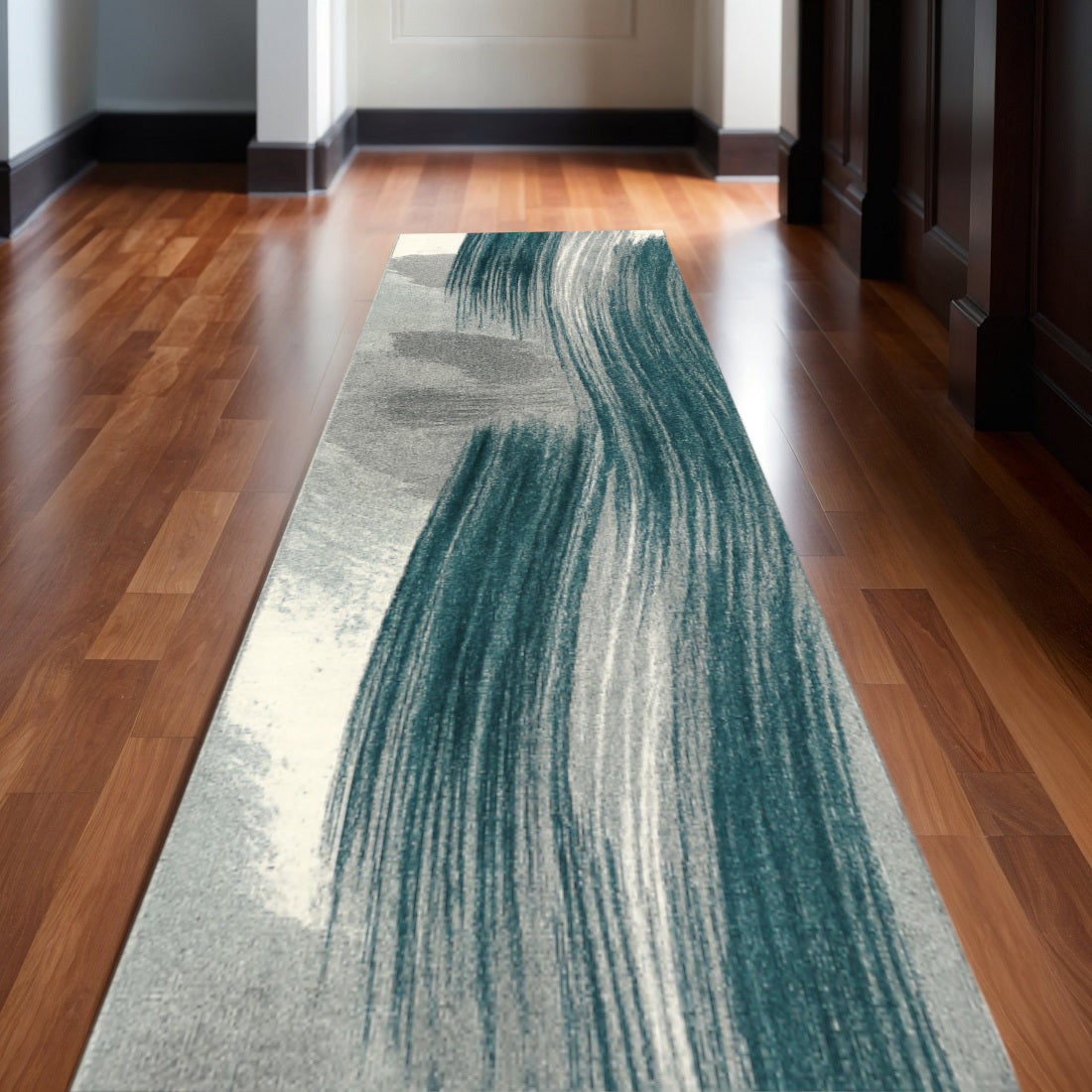 16 Blue And White Abstract Runner Rug