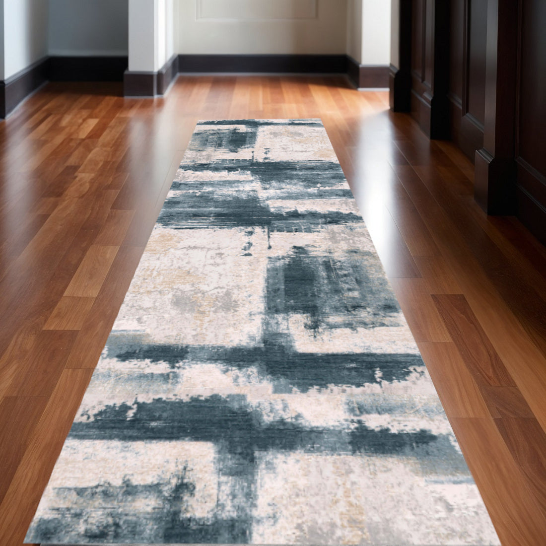 11 Blue And Beige Abstract Runner Rug