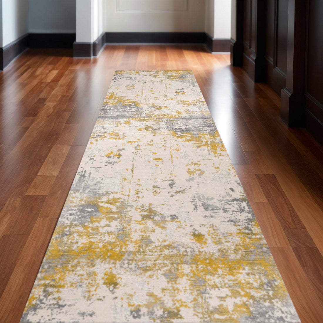 16 Gold And Gray Abstract Runner Rug