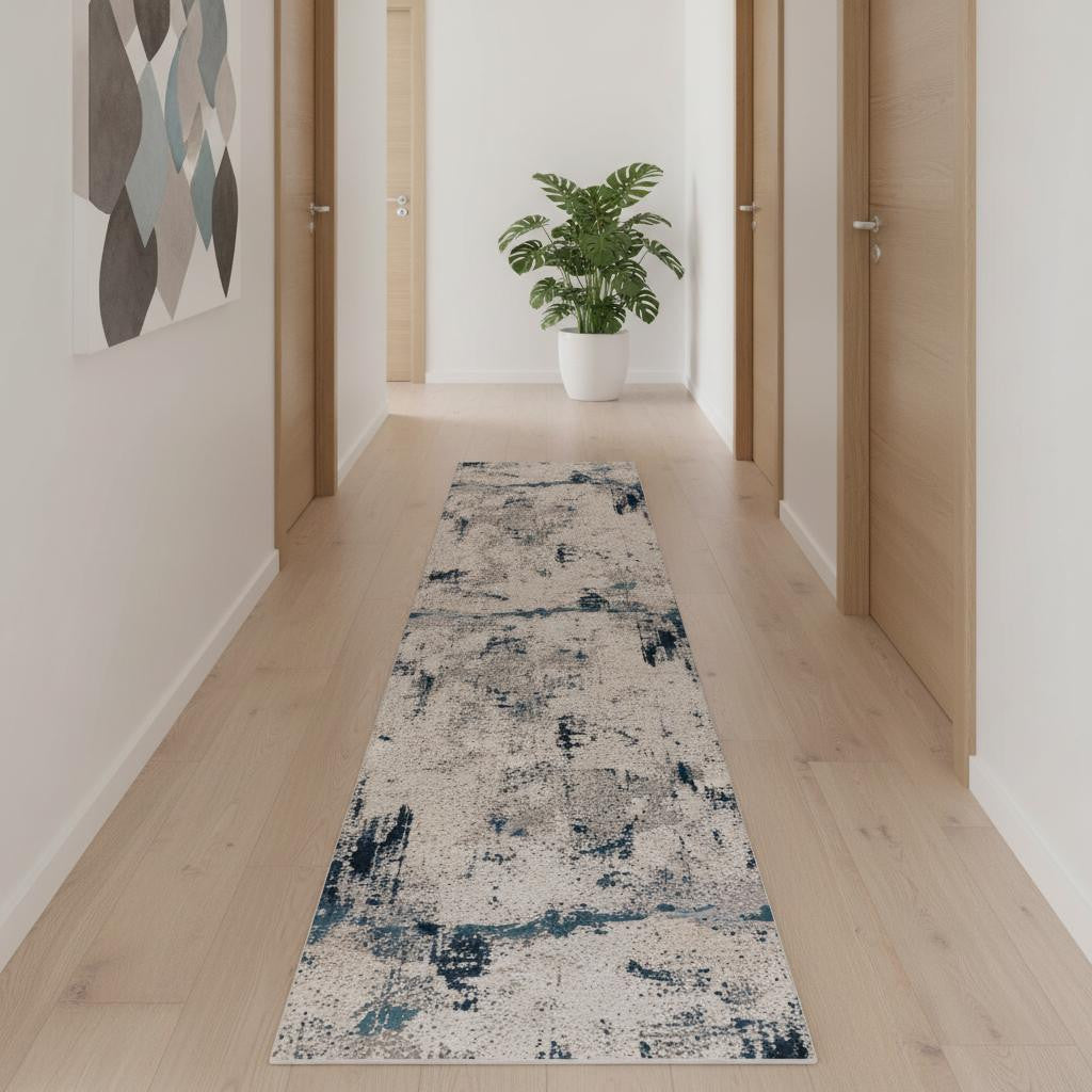 18 Blue Beige And Gray Abstract Runner Rug