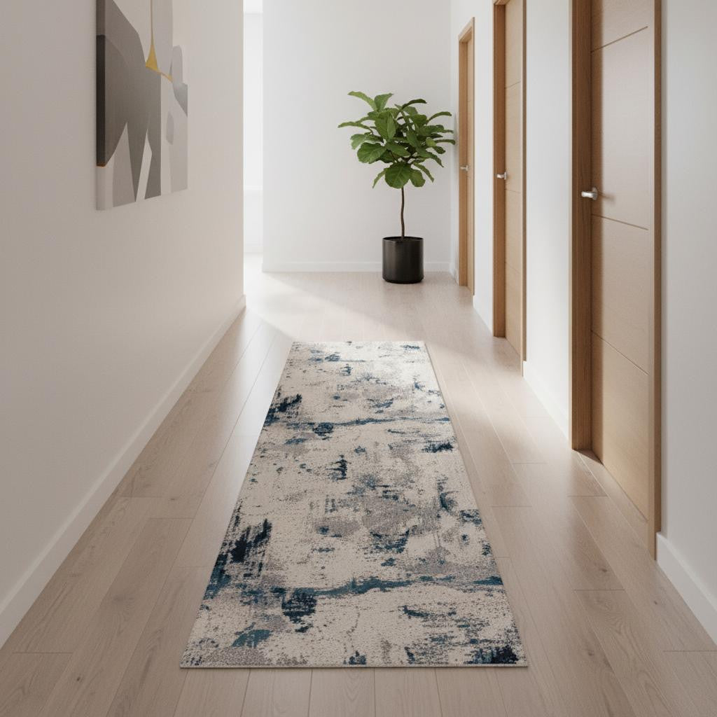 16 Blue Beige And Gray Abstract Runner Rug