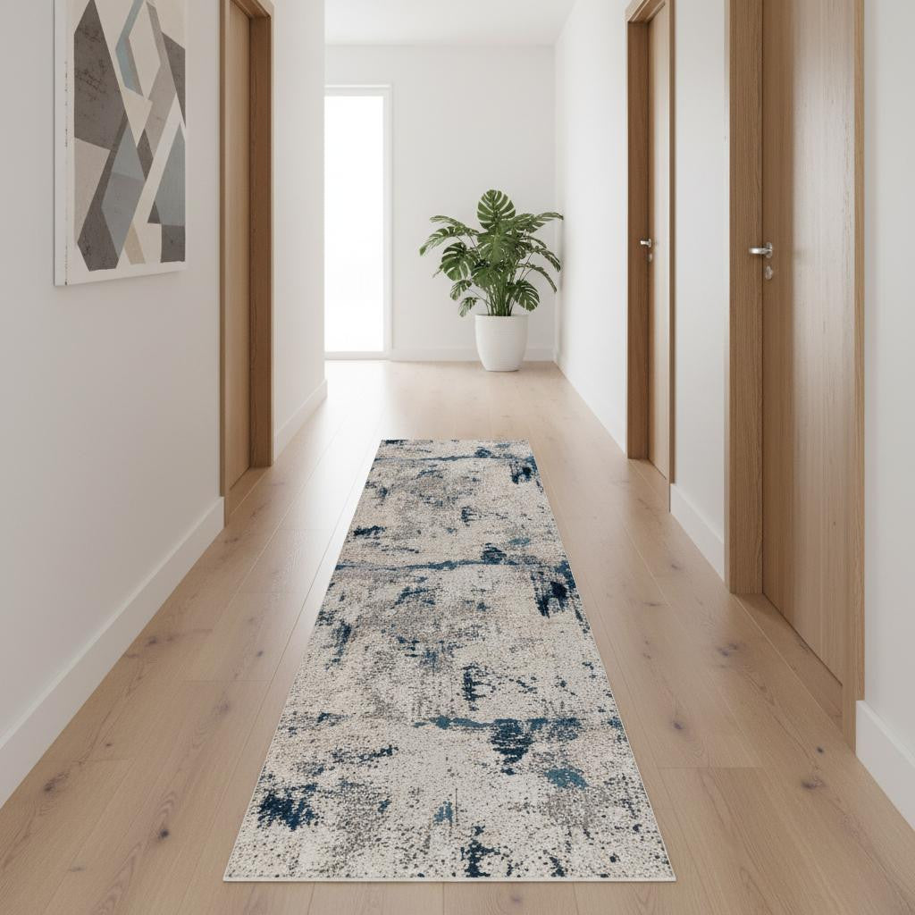 14 Blue Beige And Gray Abstract Runner Rug