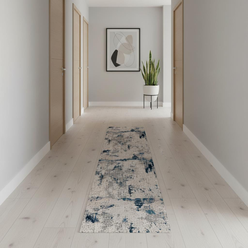 11 Blue Beige And Gray Abstract Runner Rug