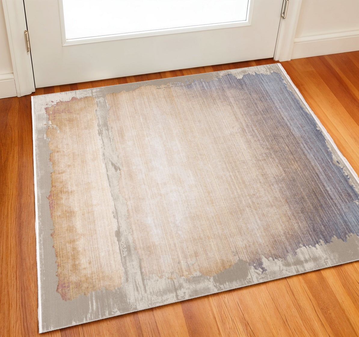 2 X 2 Beige Blue And Gray Abstract Square Rug