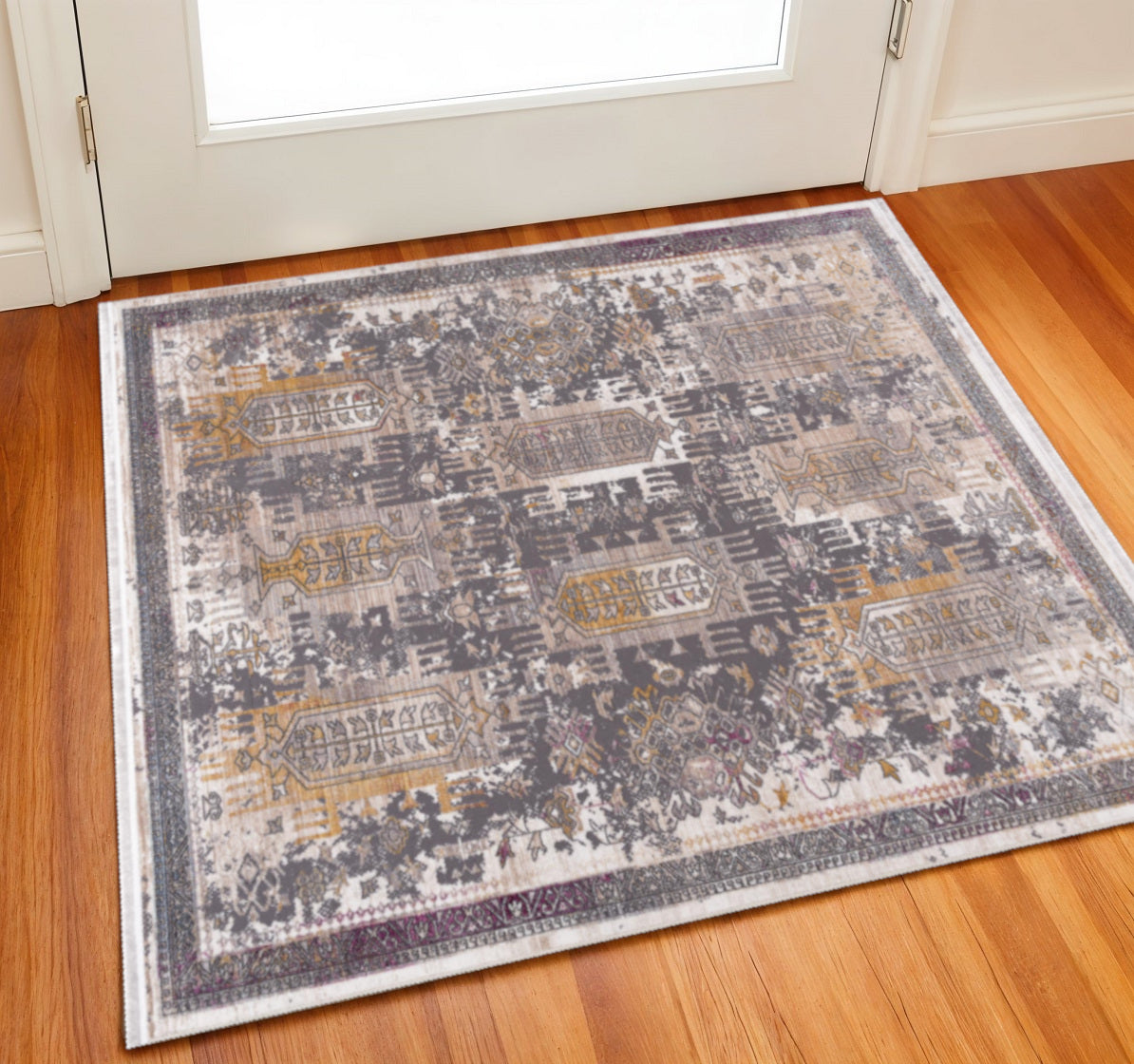 2 X 2 Gray Beige And Rust Southwestern Square Rug