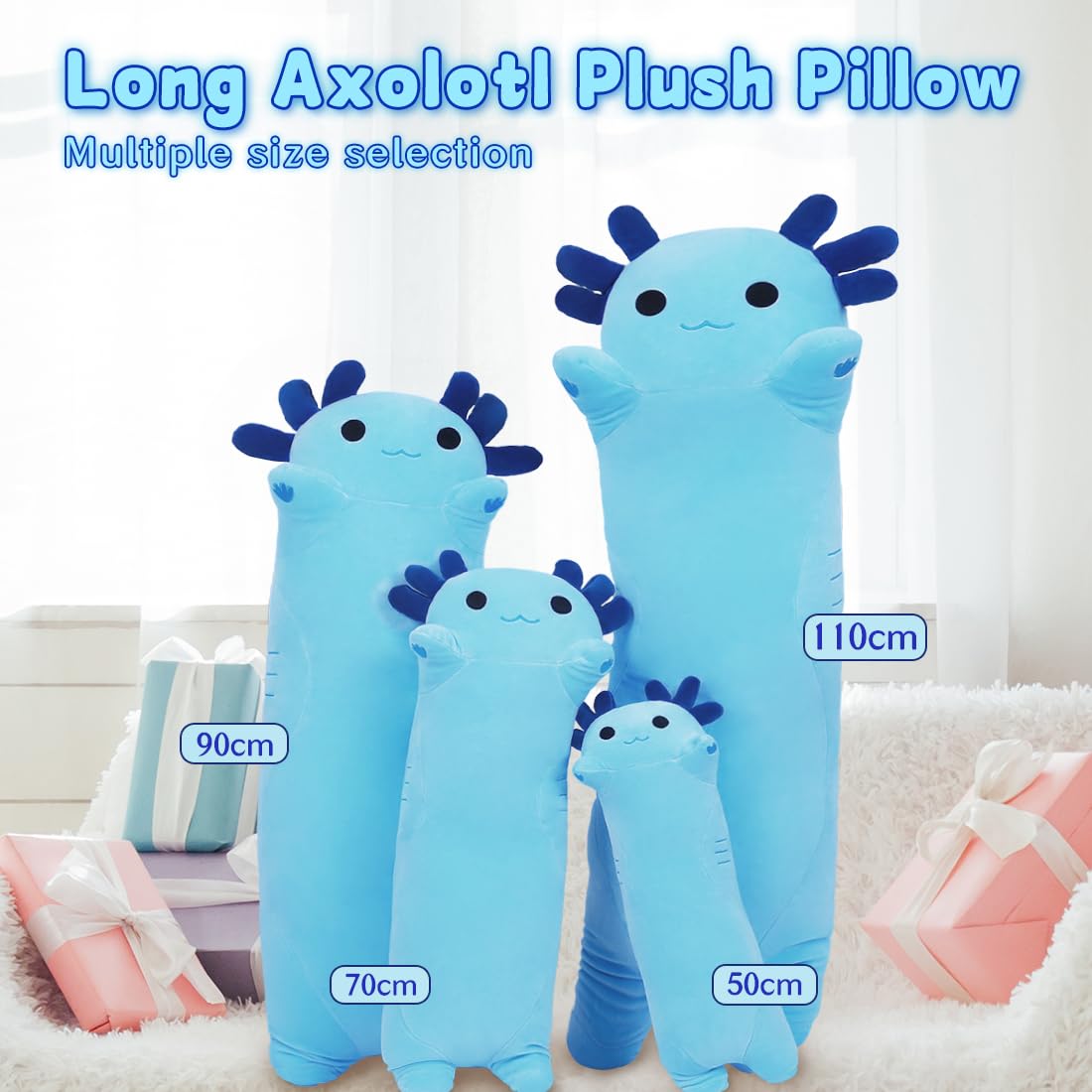 Miaohaha Plush Axolotl Toy Stuffed Animal Long Axolotl Toy Pillow Body Pillow Gift For Kids And Girls (Blue,90Cm/35.4In)