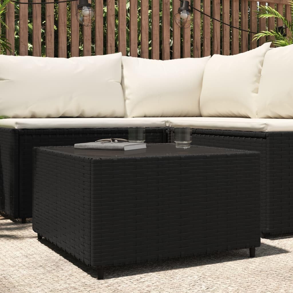 vidaXL Square Patio Coffee Table – Black Poly Rattan Outdoor Table with Tempered Glass Top, Weather-Resistant Material, Powder-Coated Steel Frame, and Easy Assembly – 19.7"x19.7"x11.8"