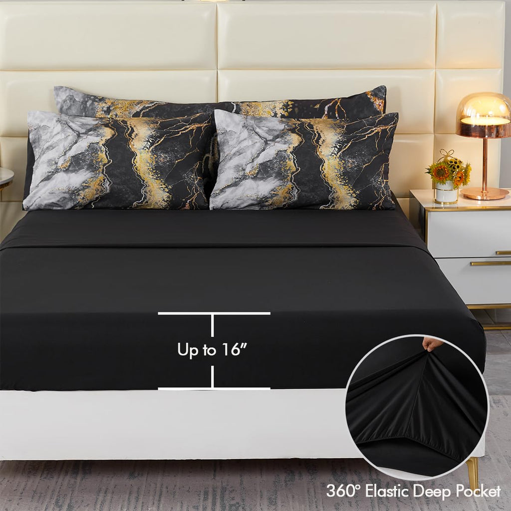 Perfemet California King 6 Piece Bed In A Bag Black Watercolor Marble Printed Bedding Comforter With Sheets Colorful Stylish Ret