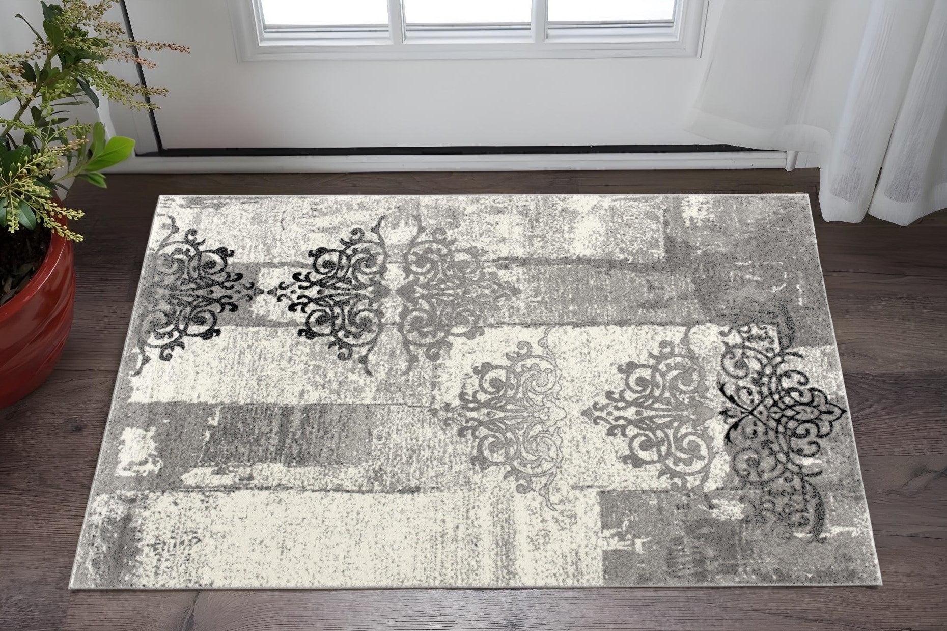 2 X 3 Gray Black And Ivory Damask Area Rug