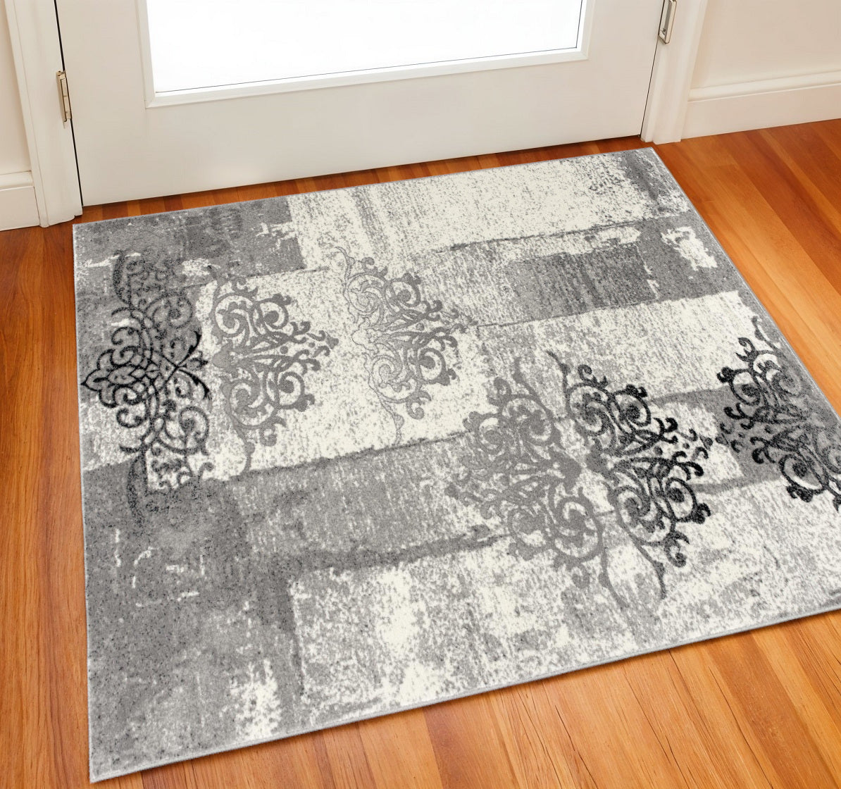 2 X 2 Gray Black And Ivory Damask Square Rug