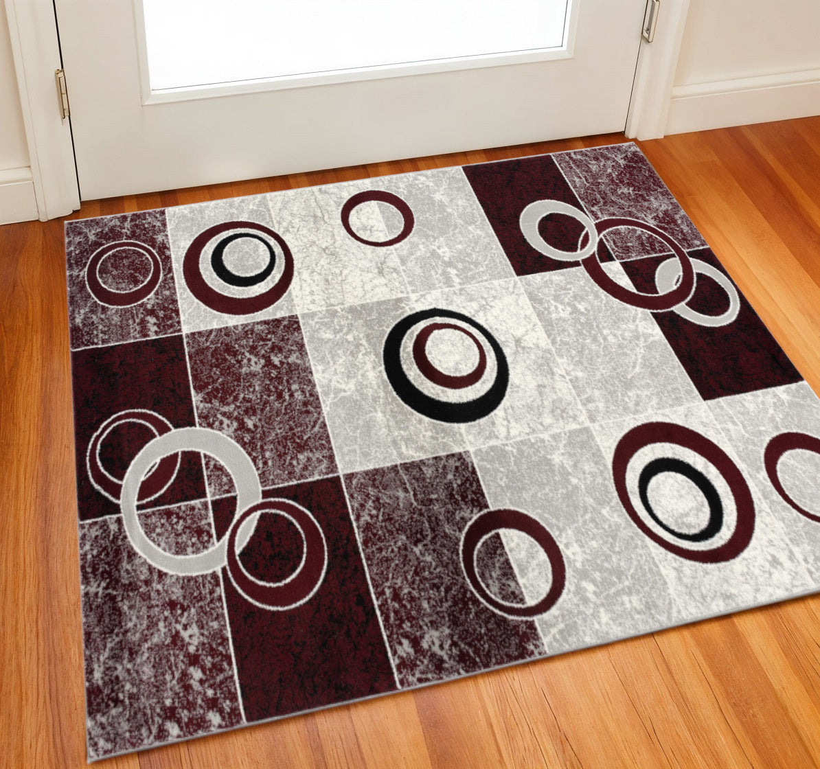 2 X 2 Red And Gray Geometric Square Rug