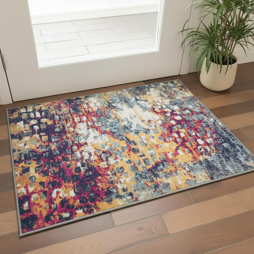 2 X 3 Yellow And Blue Abstract Area Rug