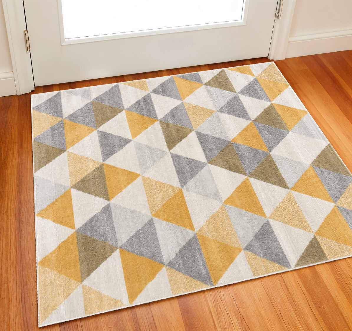 2 X 2 Beige Gray And Yellow Geometric Square Rug