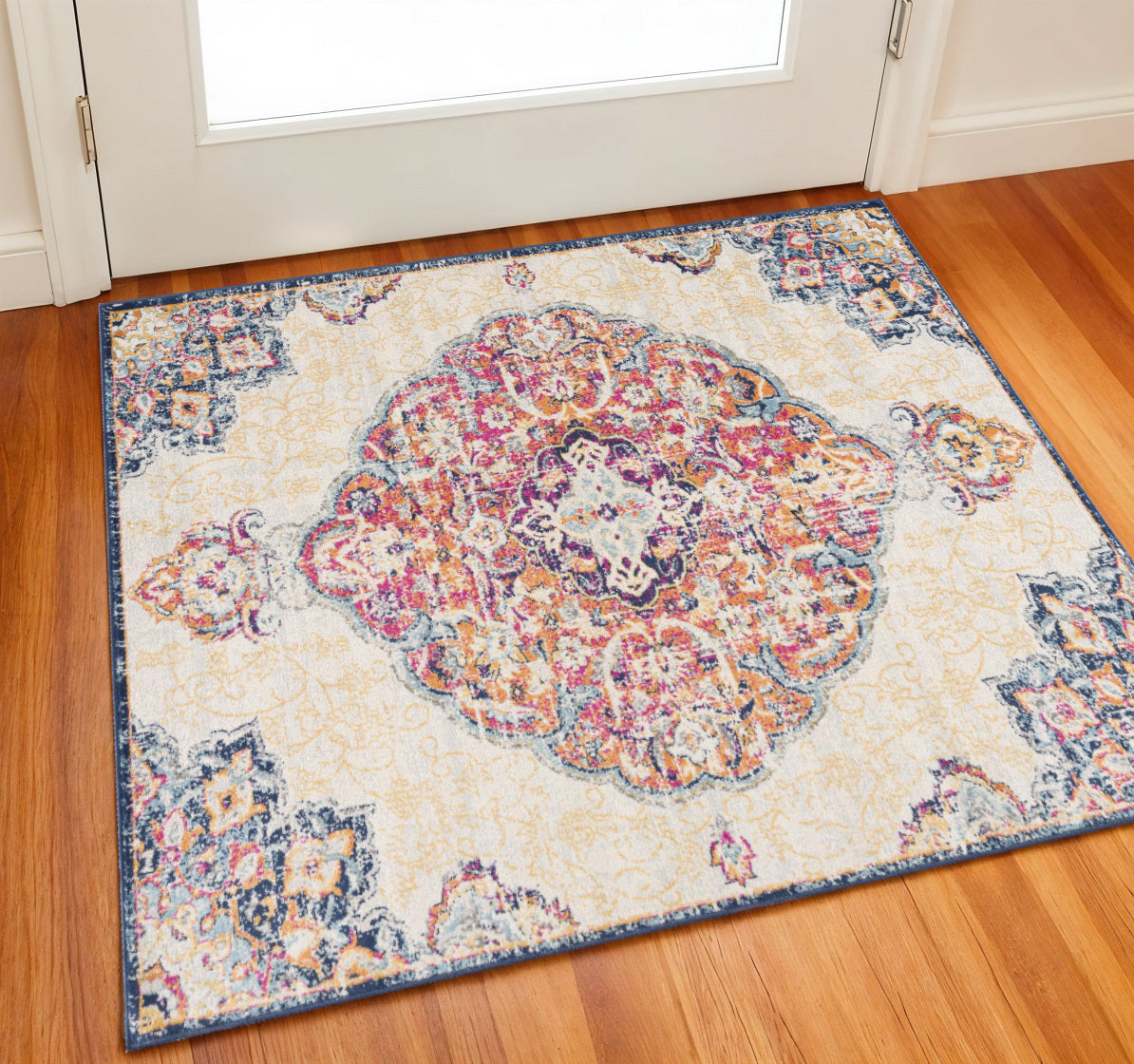 2 X 2 Blue Pink And Beige Oriental Square Rug