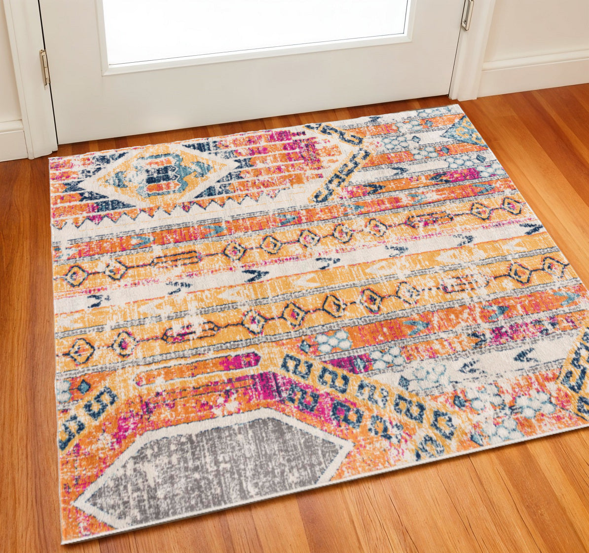 2 X 2 Yellow And Beige Abstract Square Rug