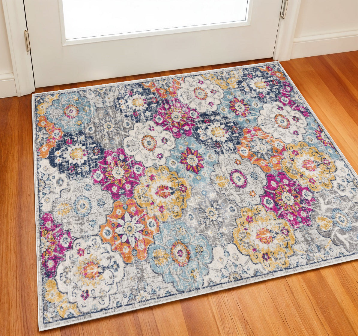 2 X 2 Gray Gold And Pink Floral Medallion Square Rug