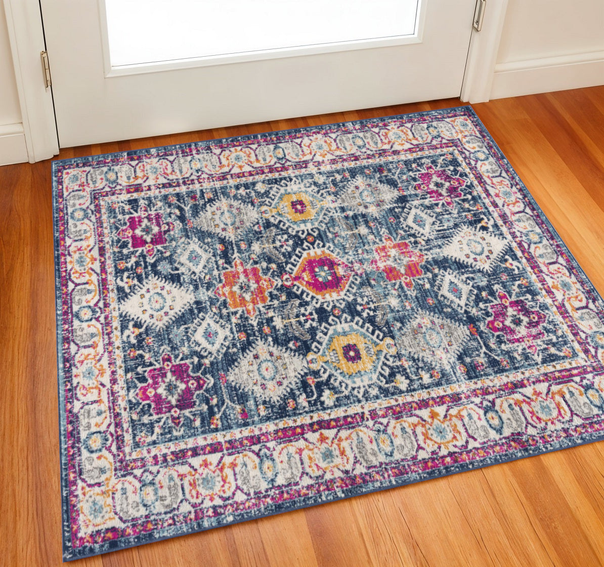 2 X 2 Blue Beige And Pink Southwestern Square Rug