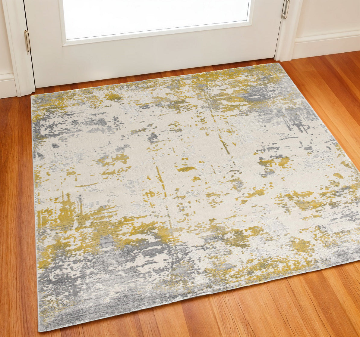 2 X 2 Gold Gray And Ivory Abstract Square Rug