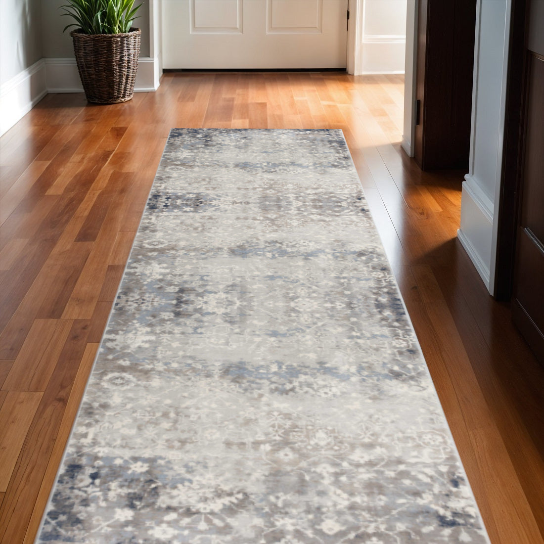 9 Navy Blue And Beige Abstract Runner Rug