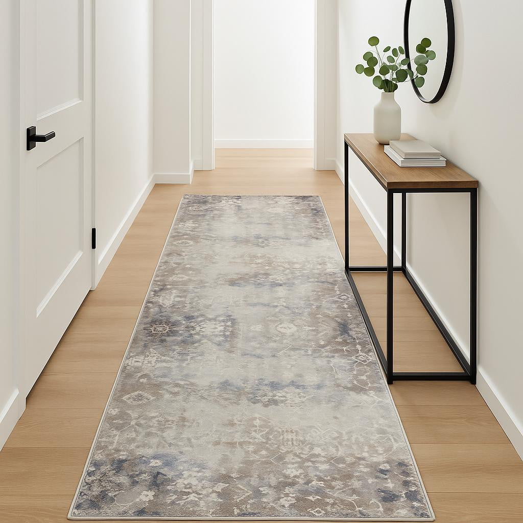 16 Navy Blue And Beige Abstract Runner Rug