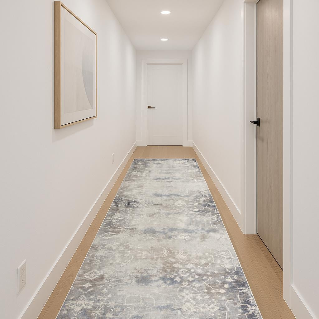 14 Navy Blue And Beige Abstract Runner Rug