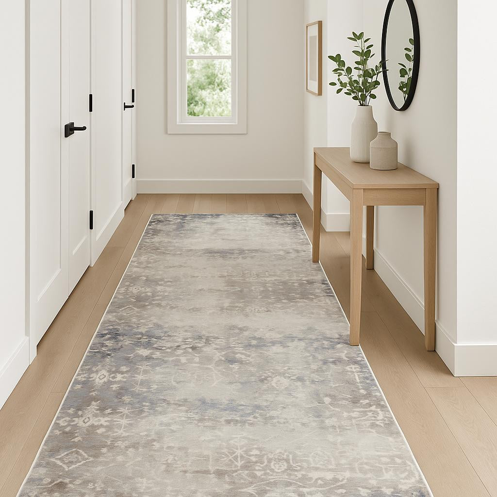11 Navy Blue And Beige Abstract Runner Rug