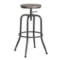 Set of Two Walnut and Black Wood and Iron Backless Adjustable Height Swivel Bar Chairs