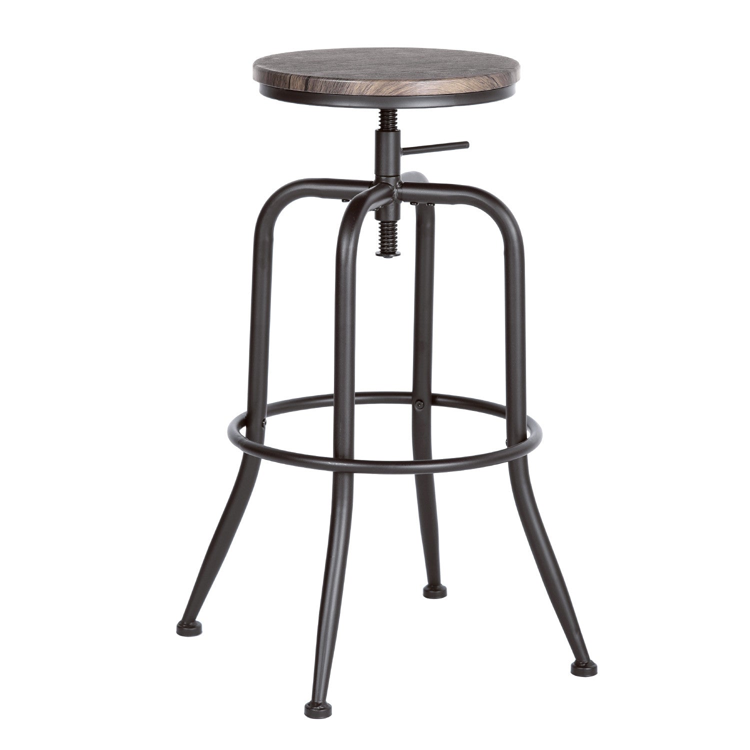 Set of Two Walnut and Black Wood and Iron Backless Adjustable Height Swivel Bar Chairs