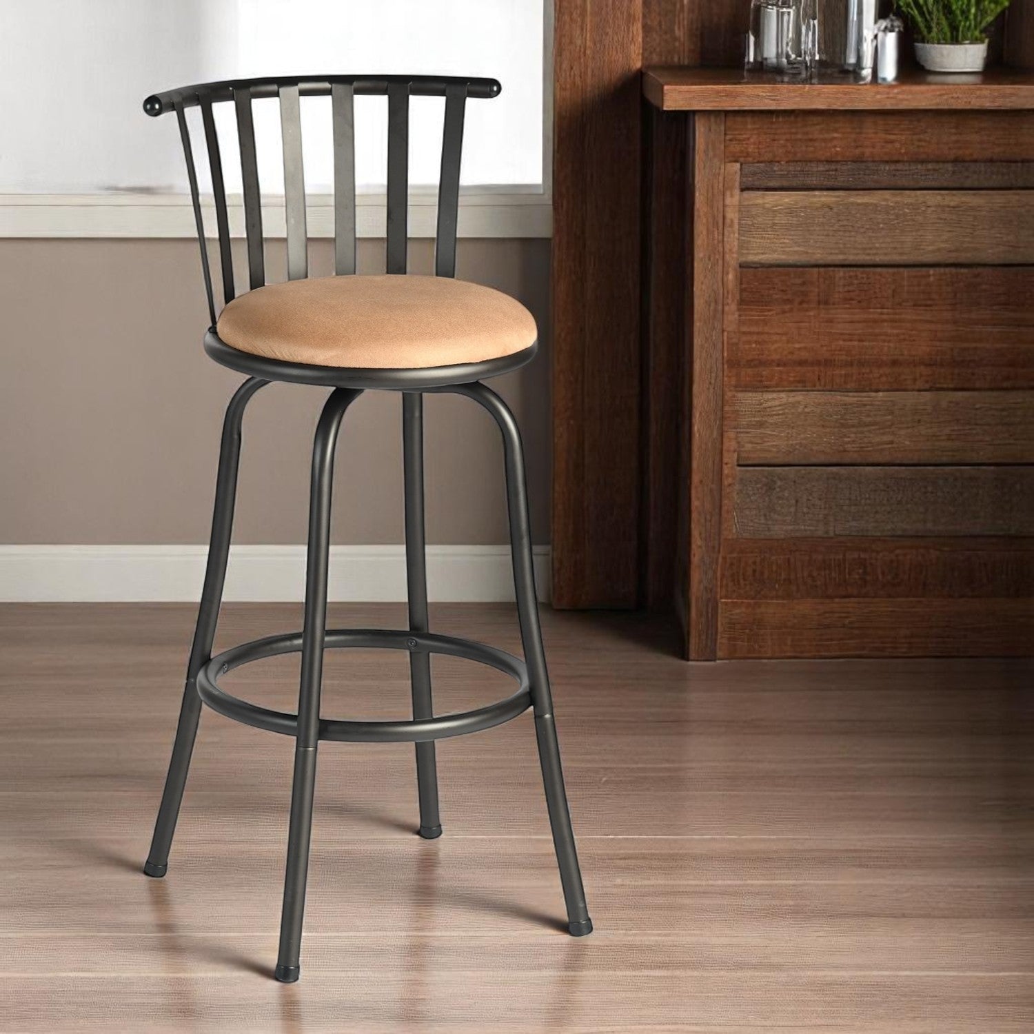 Brown and Black Faux Leather and Metal Low Back Adjustable Height Swivel Bar Chair