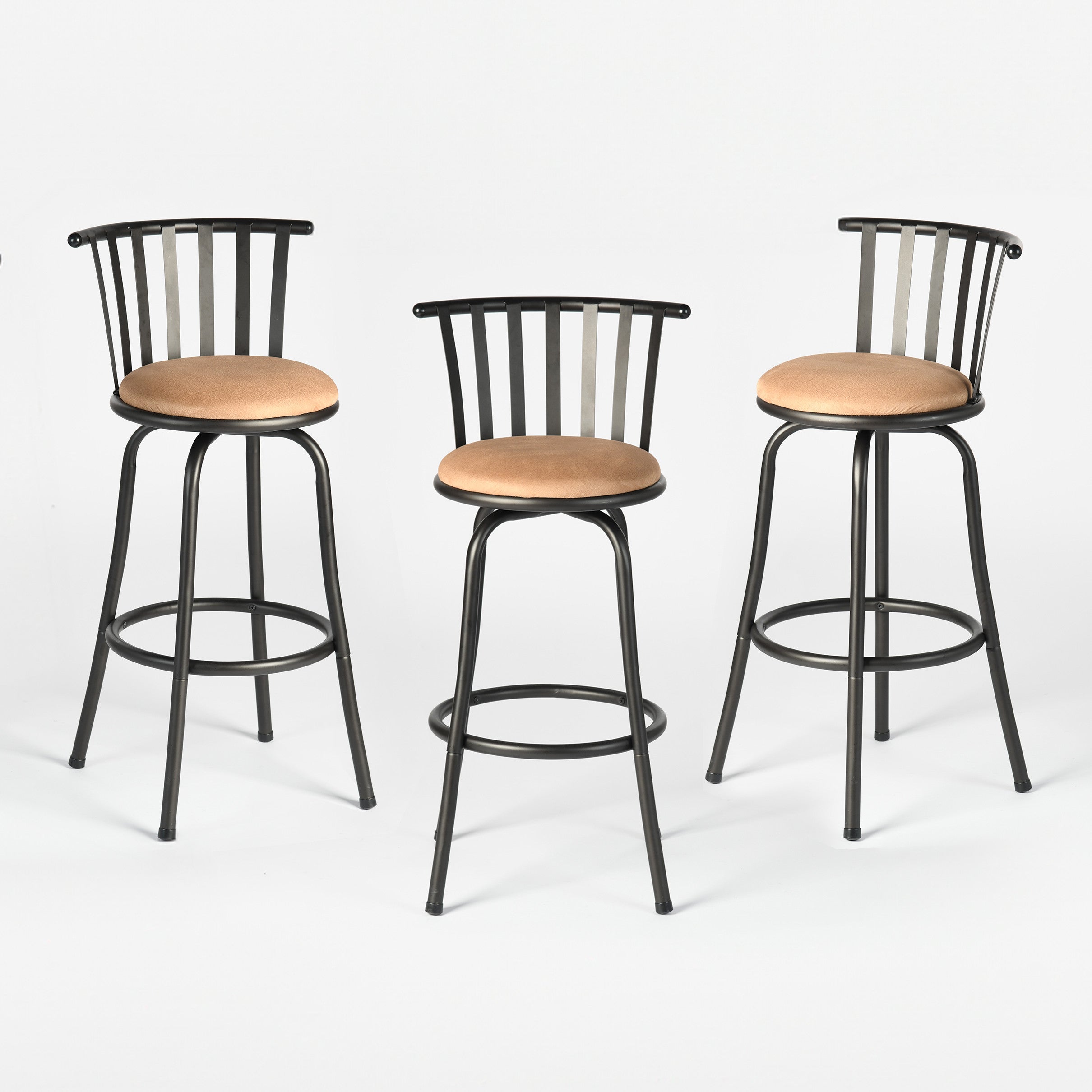 Set of Three Brown and Black Faux Leather and Iron Low Back Adjustable Height Swivel Bar Chairs