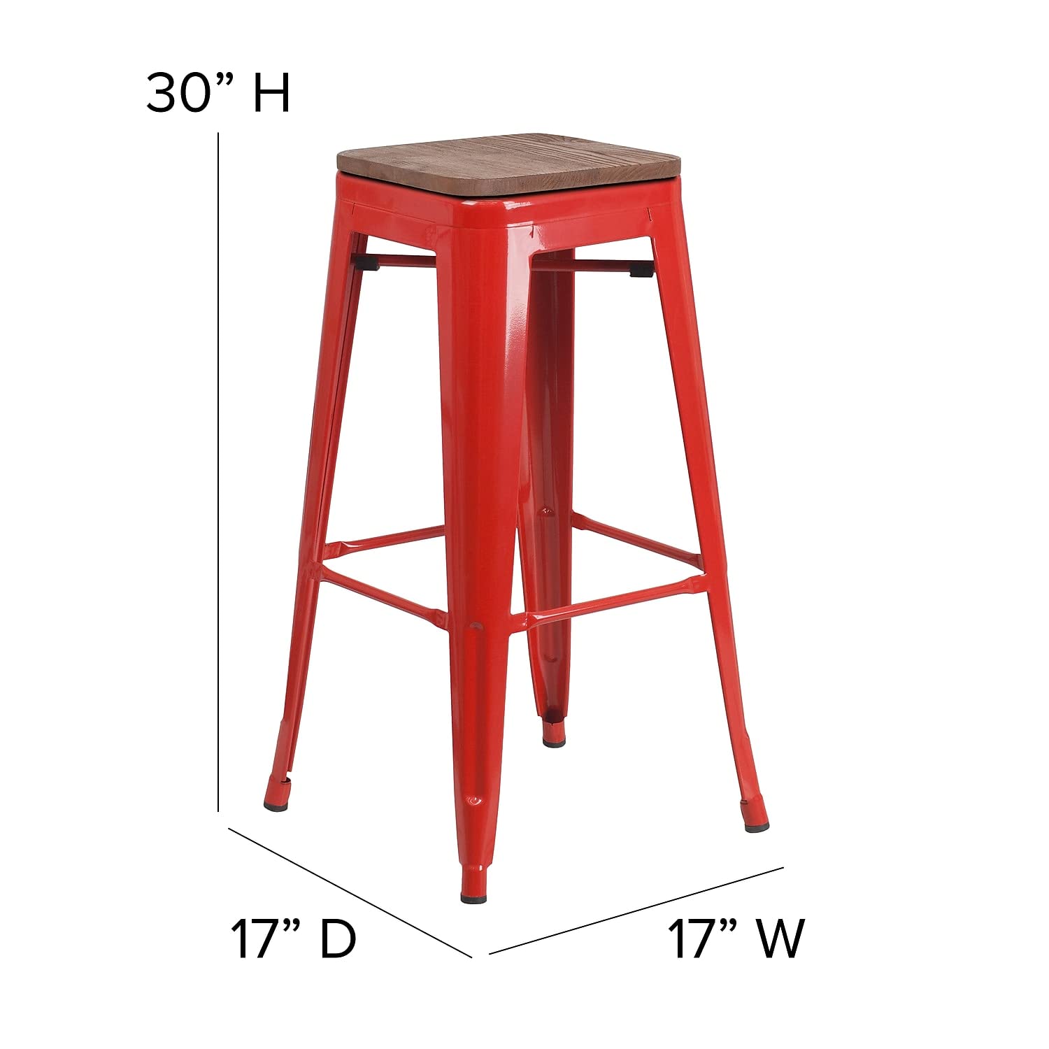 Flash Furniture Lily 30" High Backless Red Metal Barstool with Square Wood Seat