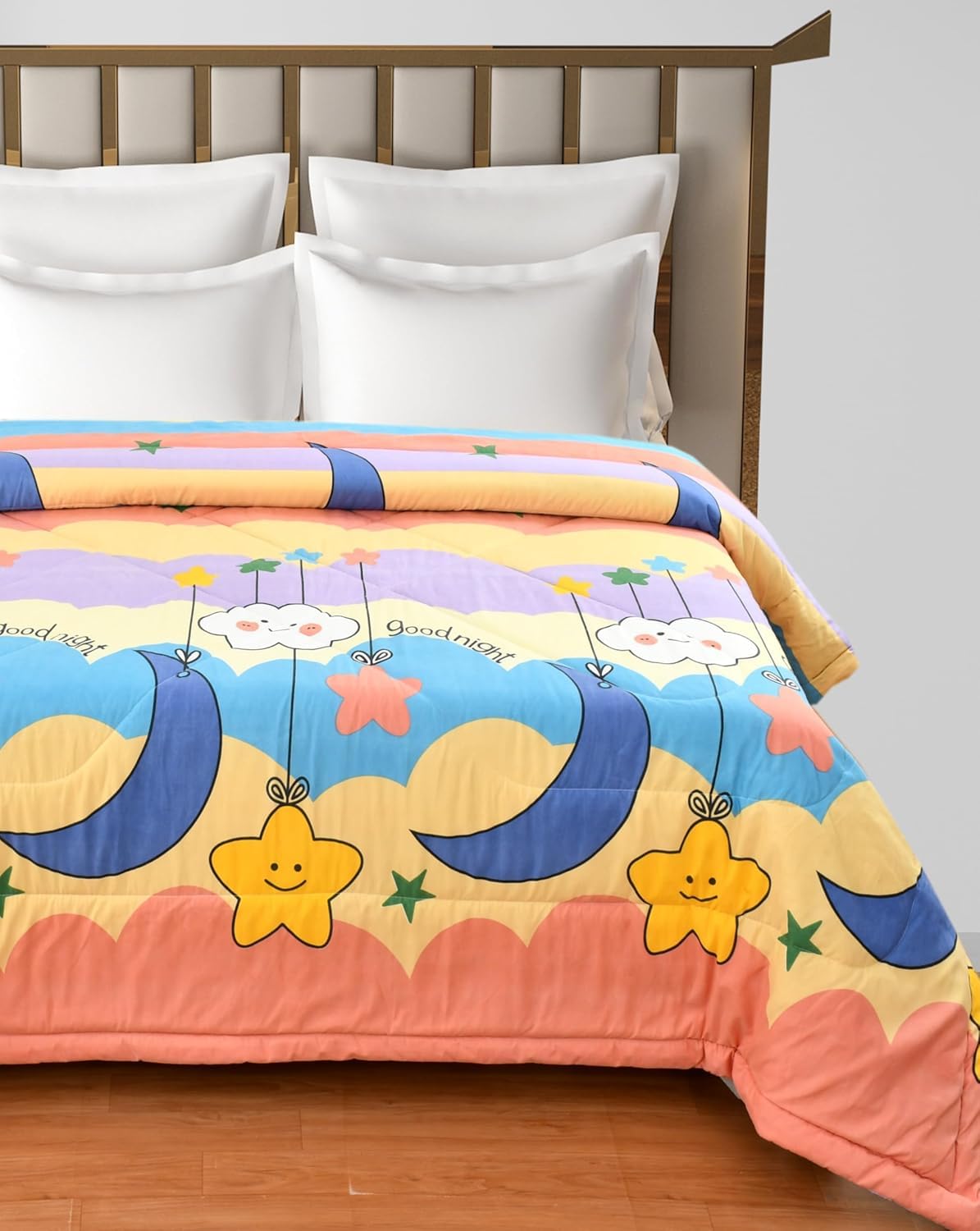 Kitch Deco Glace Cotton Printed Reversible Kids Double Bed & Kids Comforter/Dohar/Quilt, 200 Gsm (90X100Inch) Good Night
