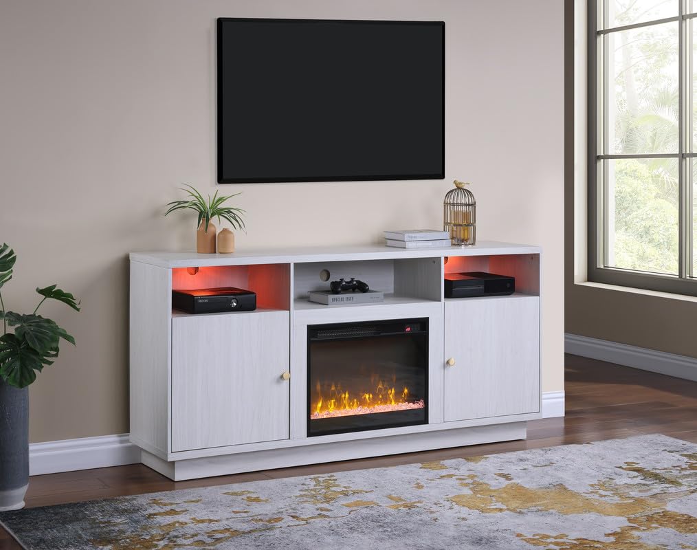 LILOLA LIVING Ambrose 70' W White Walnut Finish Fireplace Console TV Stand with LED Light, Cabinets, Shelves