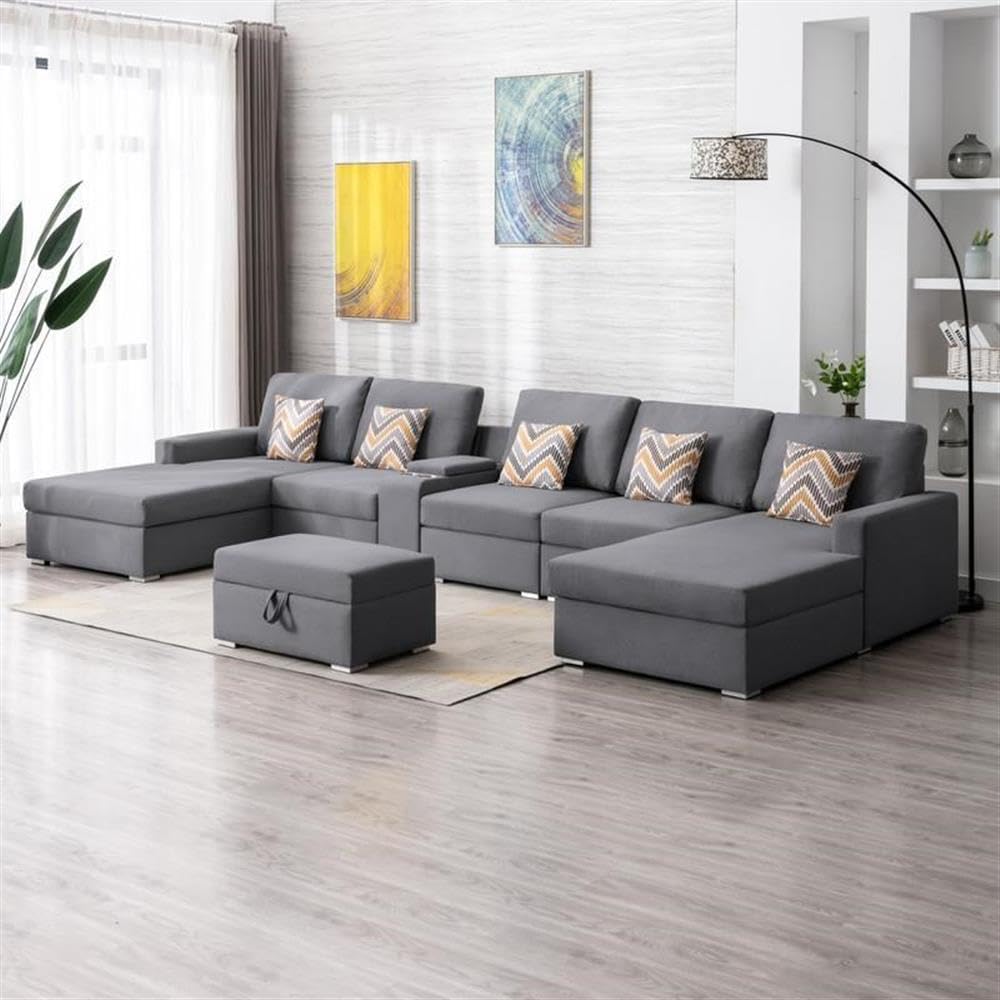 Lilola Home Nolan Gray Linen Fabric 7Pc Double Chaise Sectional Sofa with Interchangeable Legs, Storage Ottoman, Pillows, and a USB, Charging Ports, Cupholders, Storage Console Table