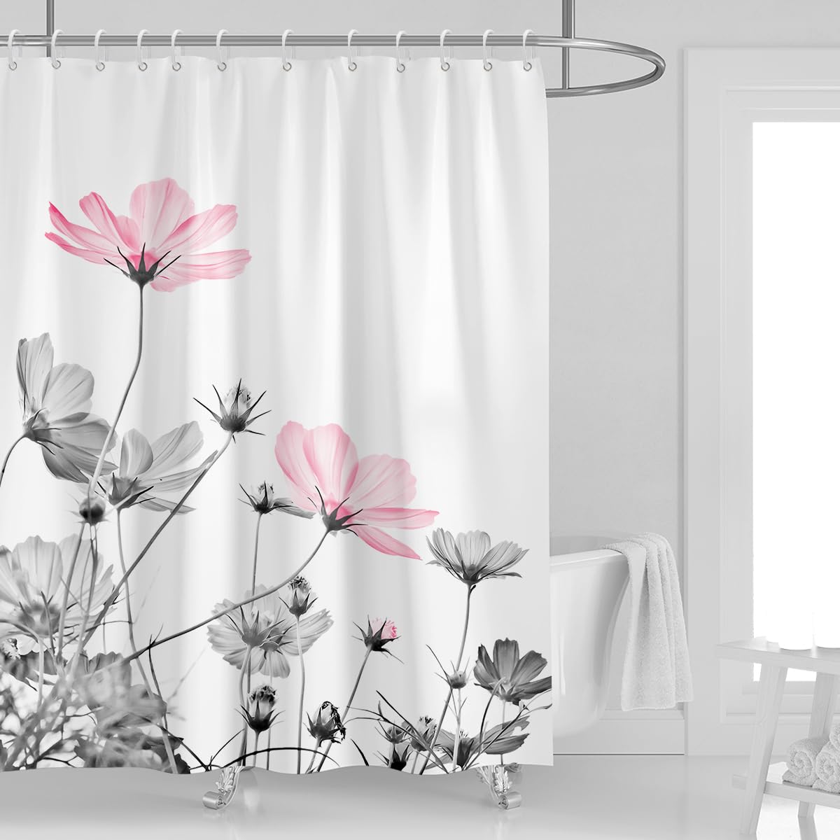 Kikiry 72W x 72L Shower Curtain Pink Grey Flowers Gray White Wildflower Daisy Floral Plant Ink Painting Botanical Simple Ele
