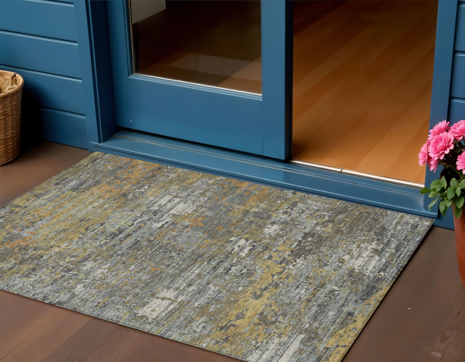3 X 5 Gold And Taupe Abstract Washable Indoor Outdoor Area Rug