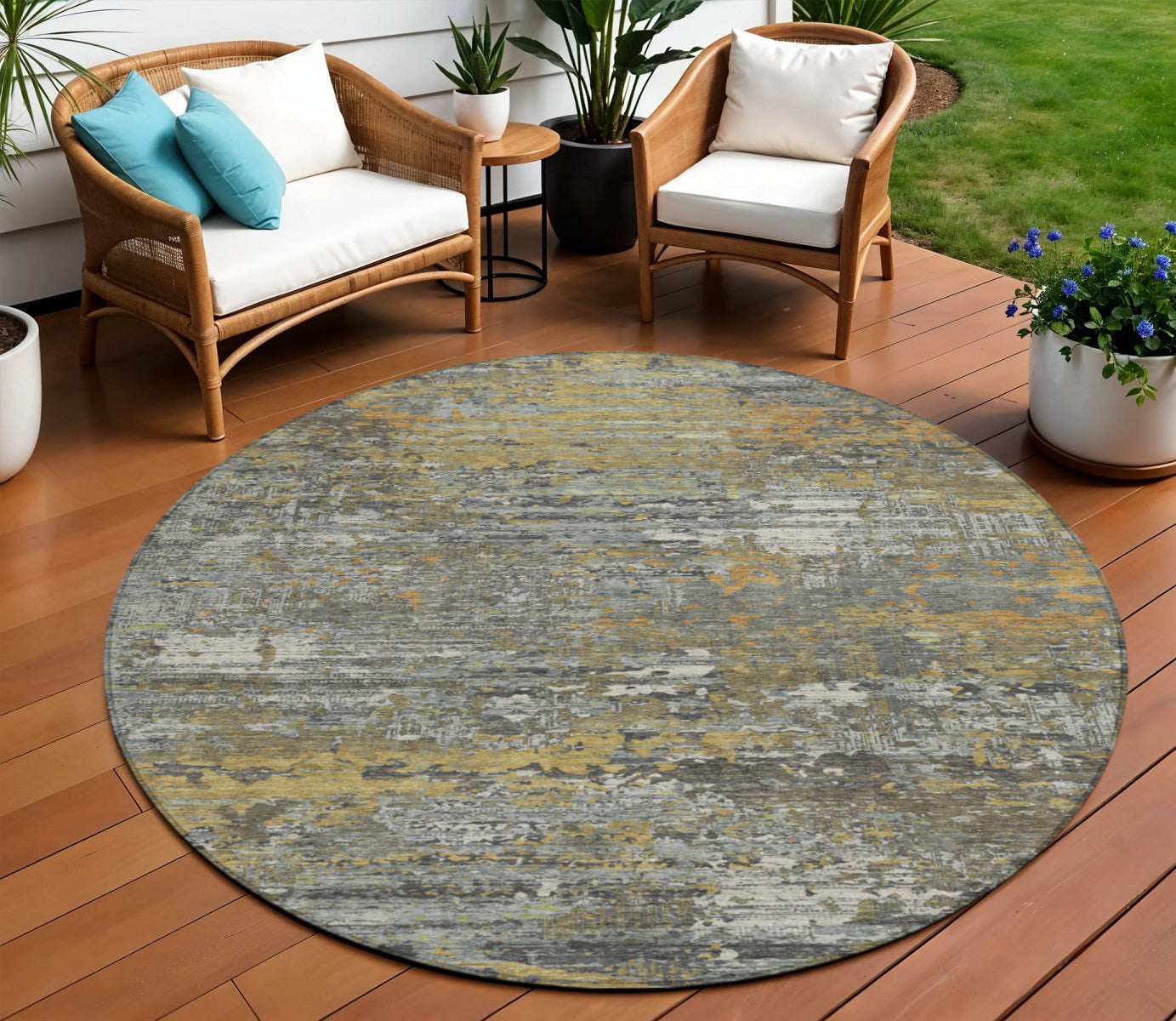 8 Gold And Taupe Round Abstract Washable Indoor Outdoor Area Rug