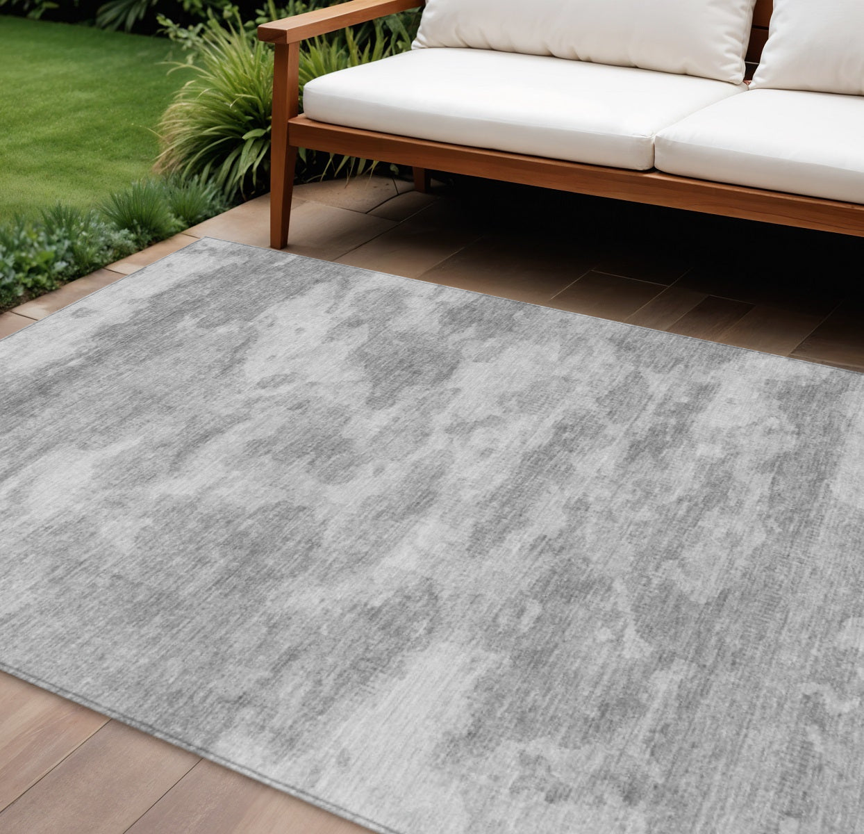 9 X 12 Silver And Gray Abstract Washable Indoor Outdoor Area Rug