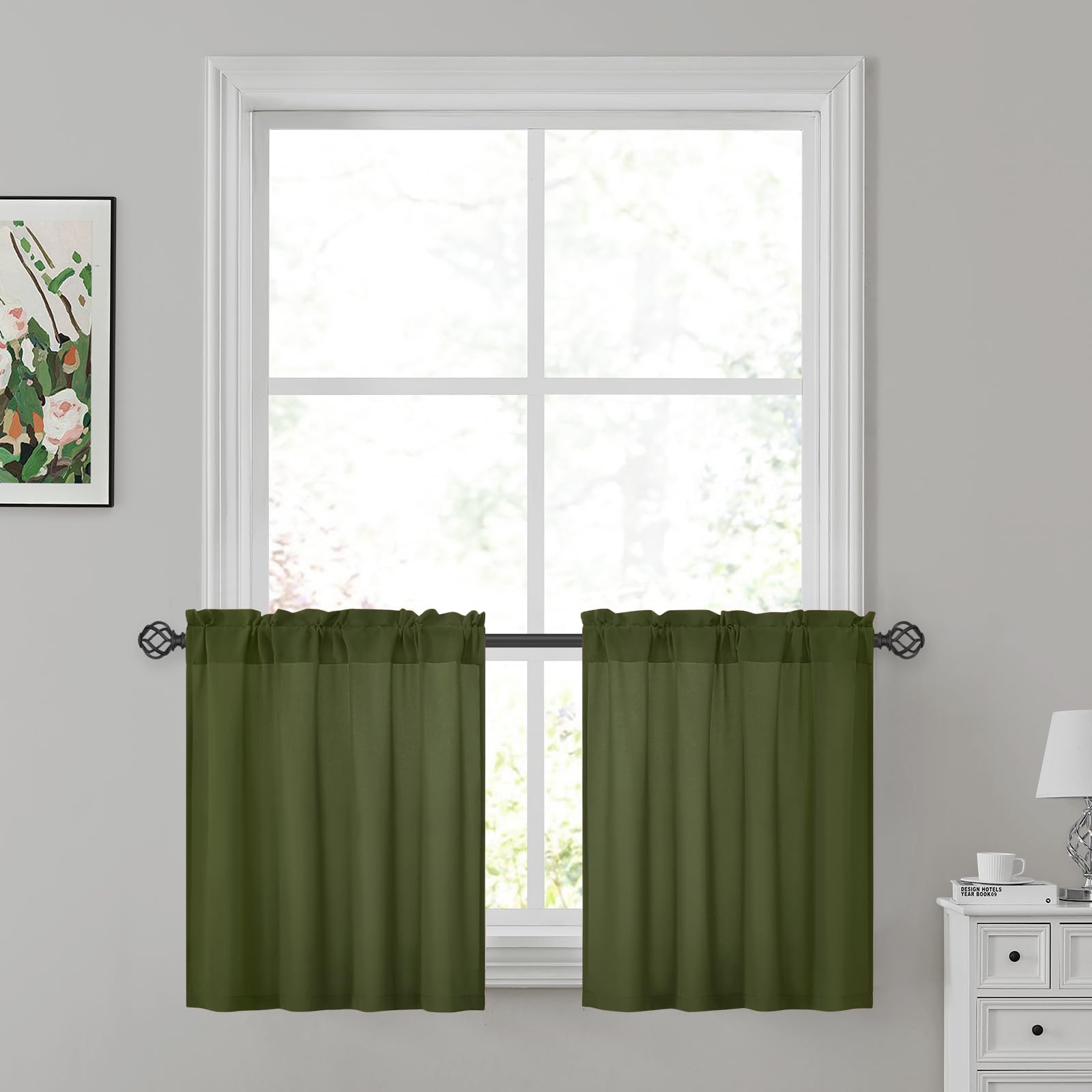 HOMEIDEAS Non-See-Through Olive Green Privacy Sheer Kitchen Curtains, 30 X 24 Inches Long 2 Panels Sheer Curtains Light Filterin